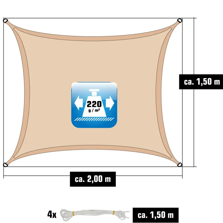 AMANKA 1,5x2m beige HDPE waterdoorlatend schaduwdoek