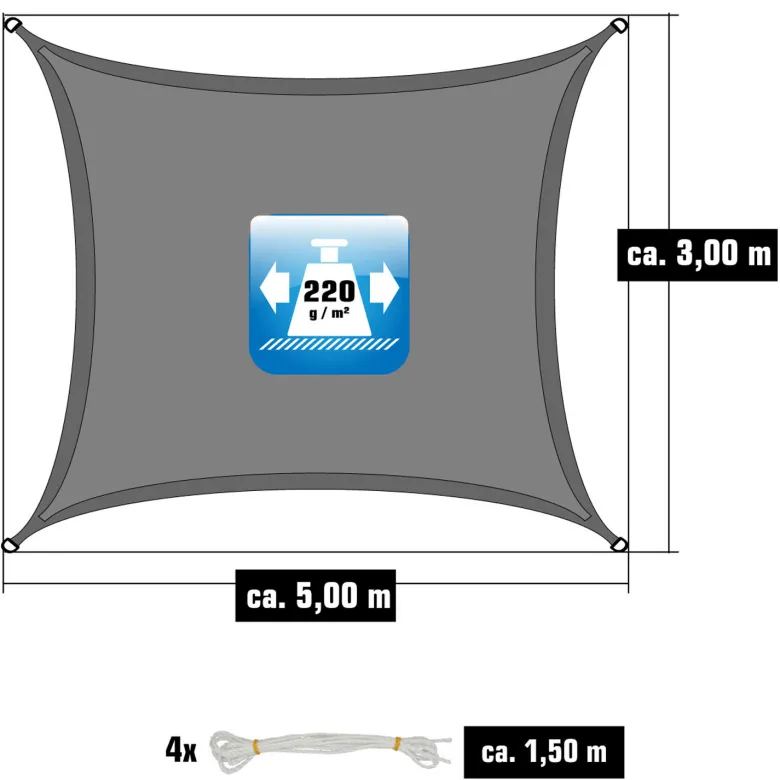 AMANKA 5x3m grijs HDPE waterdoorlatend schaduwdoek