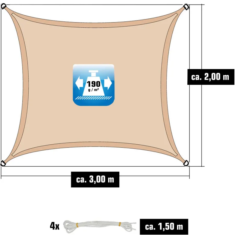 AMANKA 2 x 3 waterdicht schaduwdoek met bevestigingsset - Beige