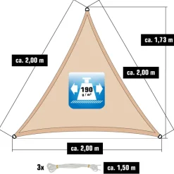 AMANKA 2 x 2 x 2 waterdicht schaduwdoek + bevestigingsset - Beige