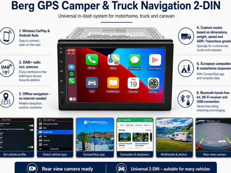 BergGPS 2-DIN inbouw radio camper navigatie met Carplay