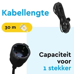 BRASQ 30 meter verlengsnoer met randaarde - Black