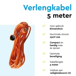 BRASQ 5 meter verlengsnoer met randaarde - Orange