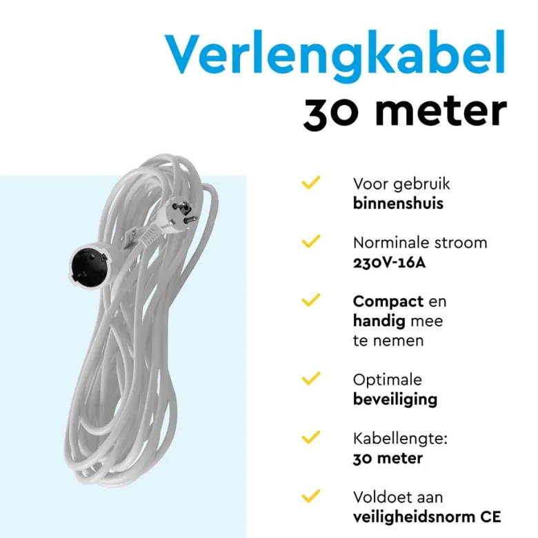 BRASQ 30 meter verlengsnoer met randaarde - White