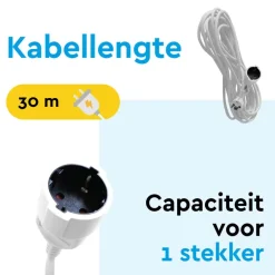 BRASQ 30 meter verlengsnoer met randaarde - White