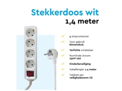 BRASQ 1,4 meter 4-voudige stekkerdoos met schakelaar - White