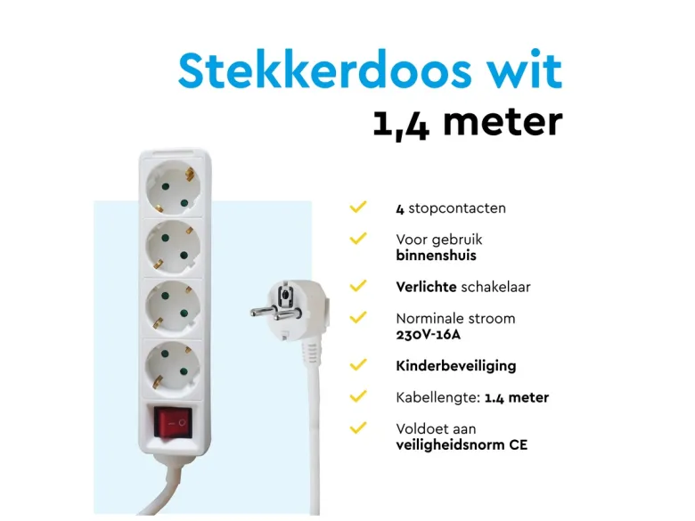 BRASQ 1,4 meter 4-voudige stekkerdoos met schakelaar - White