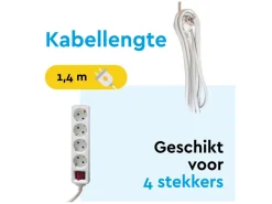 BRASQ 1,4 meter 4-voudige stekkerdoos met schakelaar - White