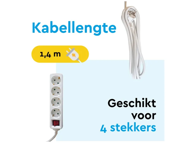BRASQ 1,4 meter 4-voudige stekkerdoos met schakelaar - White