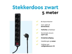 BRASQ 5 meter 6-voudige stekkerdoos met schakelaar - Black