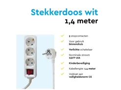 BRASQ 1,4 meter 3 voudige stekkerdoos met schakelaar - White