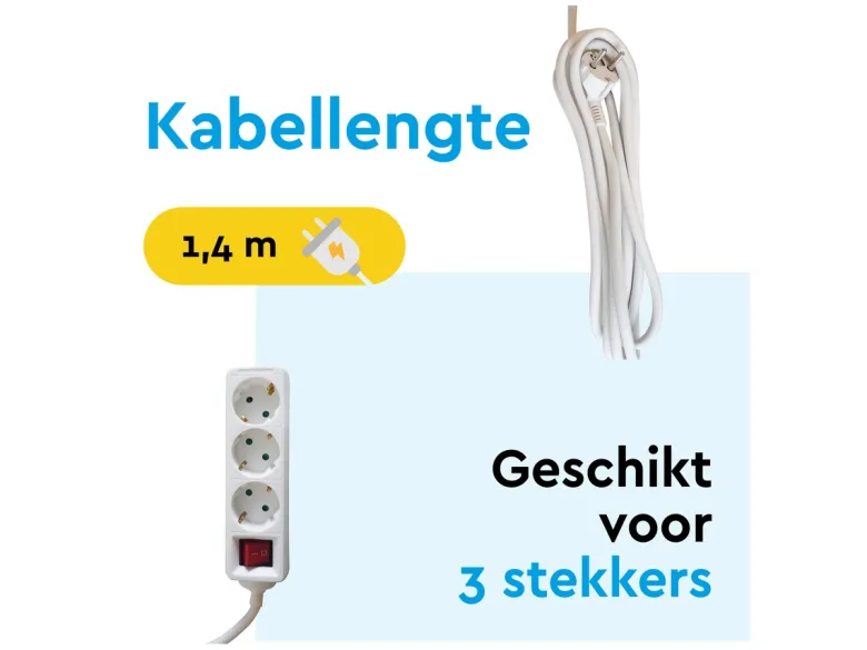 BRASQ 1,4 meter 3 voudige stekkerdoos met schakelaar - White