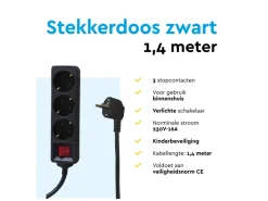 BRASQ 1,4 meter 3-voudige stekkerdoos met schakelaar - Black