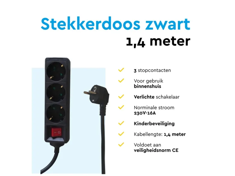 BRASQ 1,4 meter 3-voudige stekkerdoos met schakelaar - Black