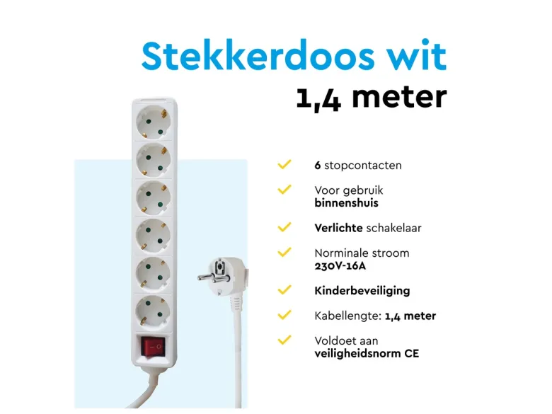 BRASQ 1,4 meter 6 voudige stekkerdoos met schakelaar - White