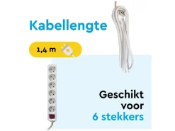 BRASQ 1,4 meter 6 voudige stekkerdoos met schakelaar - White