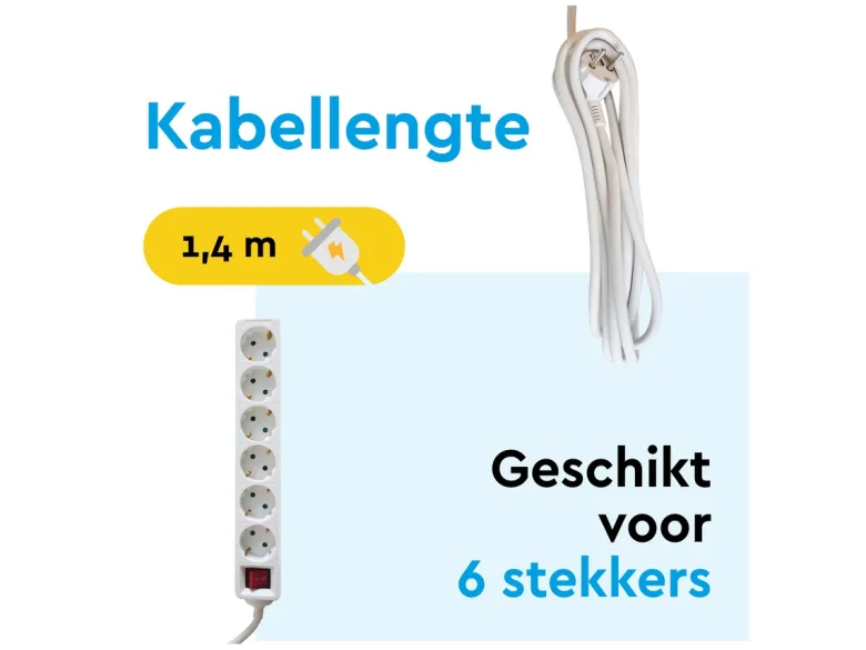 BRASQ 1,4 meter 6 voudige stekkerdoos met schakelaar - White