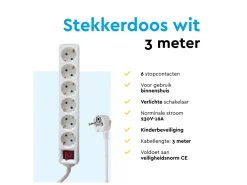 BRASQ 3 meter 6-voudige stekkerdoos met schakelaar - White