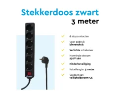 BRASQ 3 meter 6 voudige stekkerdoos met schakelaar - Black