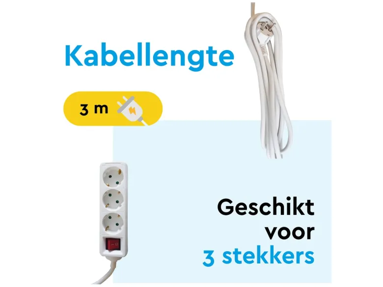 BRASQ 3 meter 3-voudige stekkerdoos met schakelaar - White