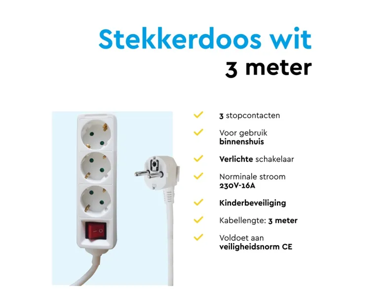 BRASQ 3 meter 3-voudige stekkerdoos met schakelaar - White