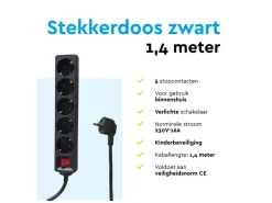 BRASQ 1,4 meter 5-voudige stekkerdoos met schakelaar - Black