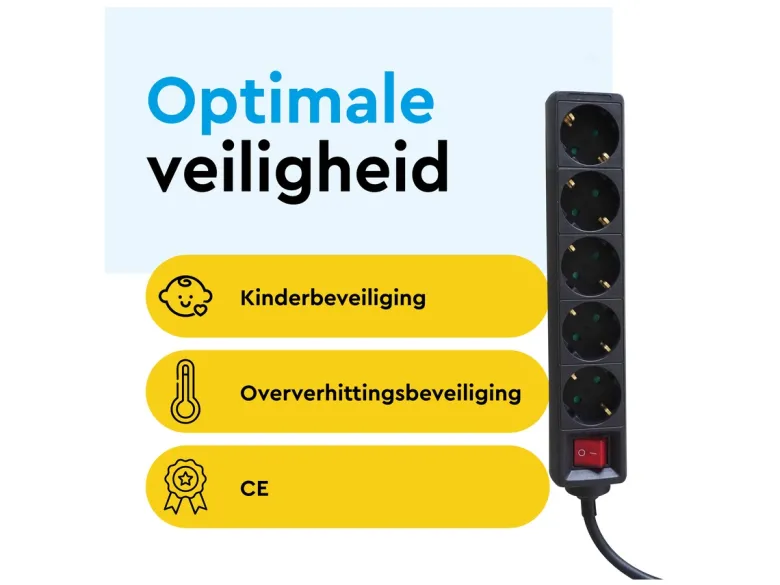 BRASQ 3 meter 5-voudige stekkerdoos met schakelaar - Black