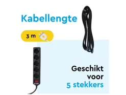 BRASQ 3 meter 5-voudige stekkerdoos met schakelaar - Black