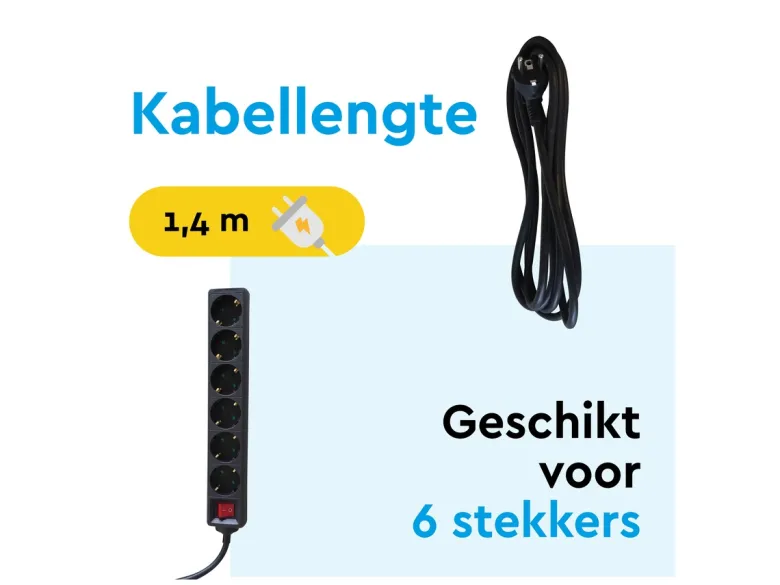 BRASQ 1,4 meter 6‑voudige stekkerdoos met schakelaar - Black