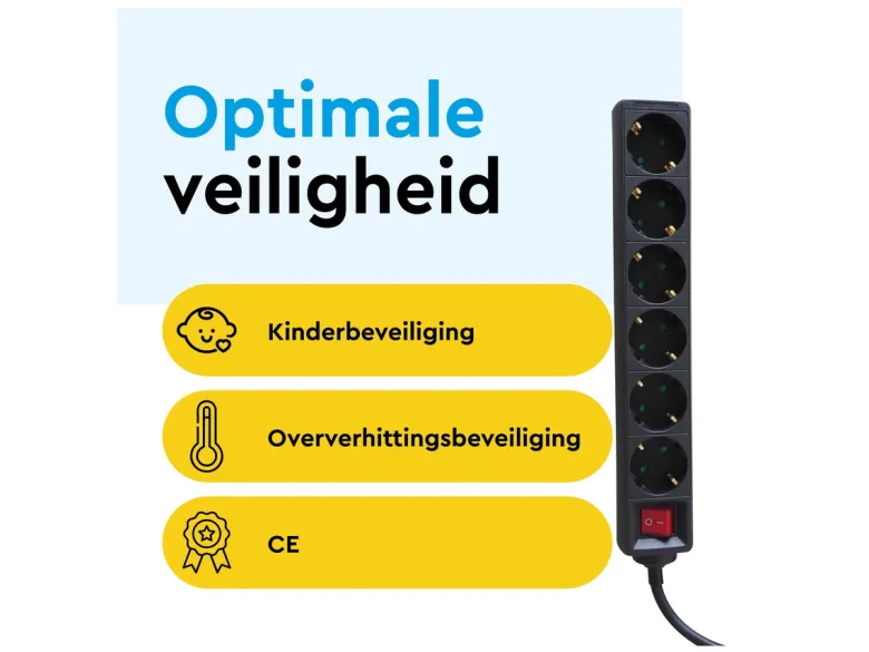 BRASQ 1,4 meter 6‑voudige stekkerdoos met schakelaar - Black