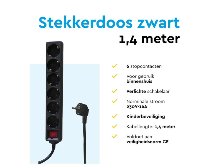 BRASQ 1,4 meter 6‑voudige stekkerdoos met schakelaar - Black