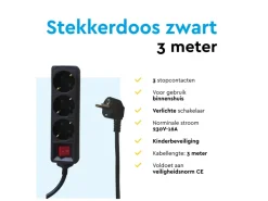 BRASQ 3 meter 3-voudige stekkerdoos met schakelaar - Black