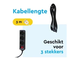 BRASQ 3 meter 3-voudige stekkerdoos met schakelaar - Black
