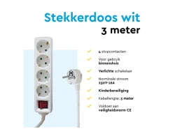 BRASQ 3 meter 4-voudige stekkerdoos met schakelaar - White