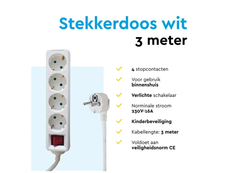 BRASQ 3 meter 4-voudige stekkerdoos met schakelaar - White