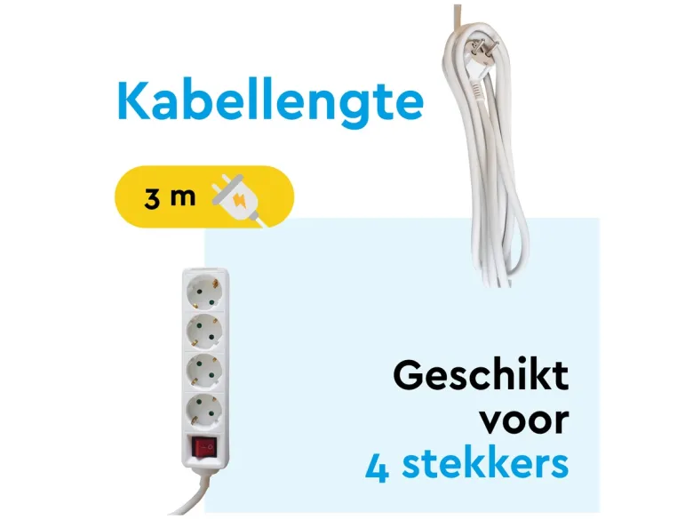 BRASQ 3 meter 4-voudige stekkerdoos met schakelaar - White