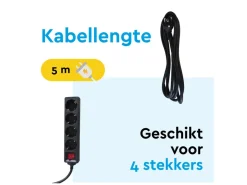 BRASQ 5 meter 4-voudige stekkerdoos met schakelaar - Black