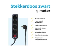 BRASQ 5 meter 4-voudige stekkerdoos met schakelaar - Black