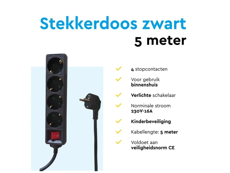 BRASQ 5 meter 4-voudige stekkerdoos met schakelaar - Black
