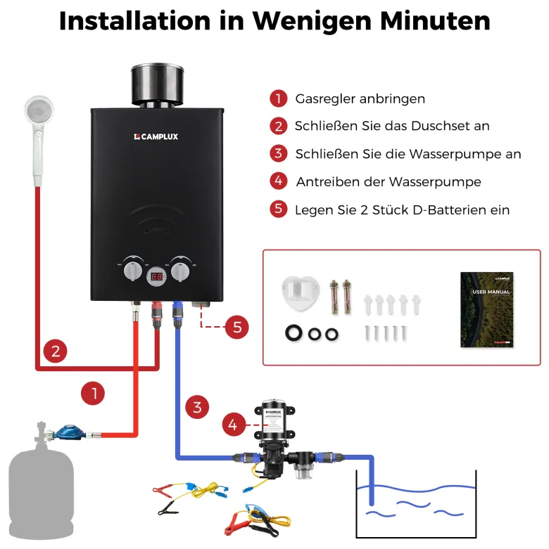 Camplux BW158 6 liter geiser met pomp en regenkap - 50 mbar