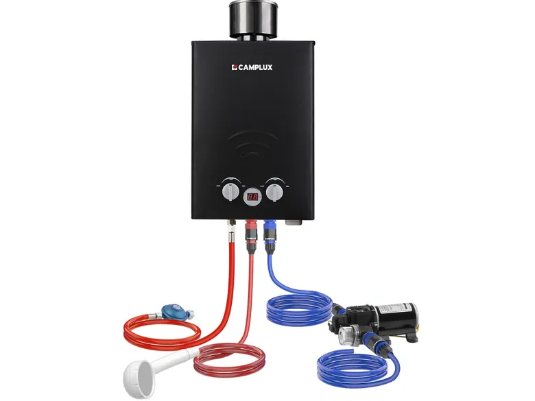 Camplux BW158 6 liter geiser met pomp en regenkap - 50 mbar