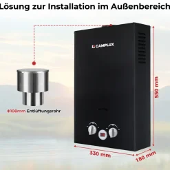 Camplux BW264 10 liter geiser met pomp en regenkap - 50 mbar