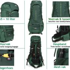 Dutch Mountains 65-75 liter backpack met regenhoes - Green