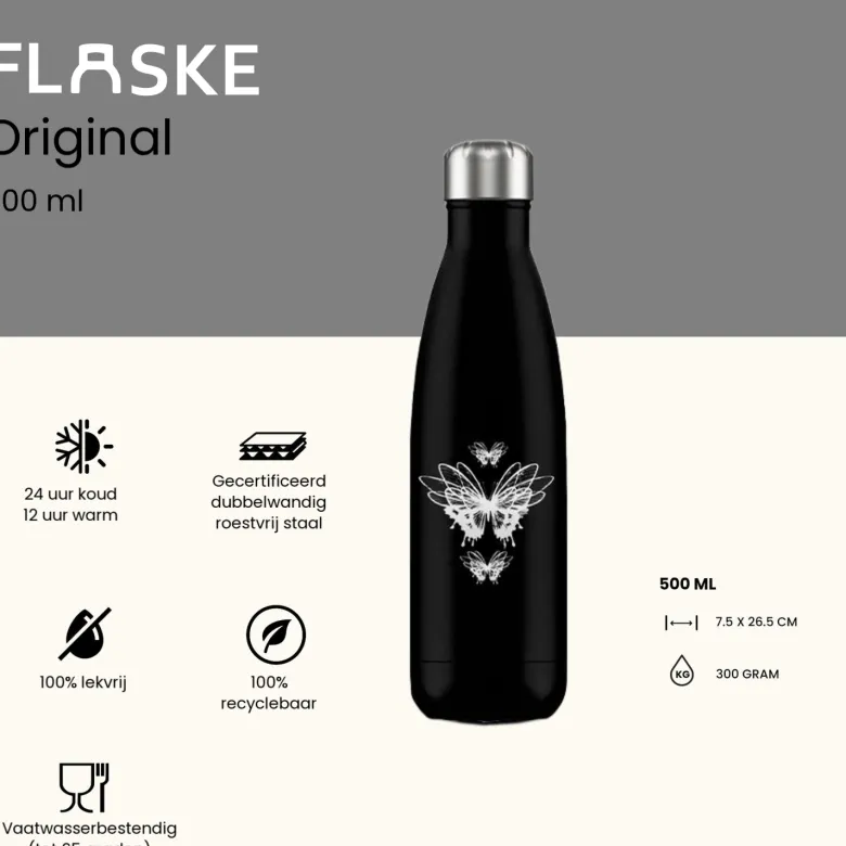 FLASKE 500 ml RVS Drinkfles - Butterfly