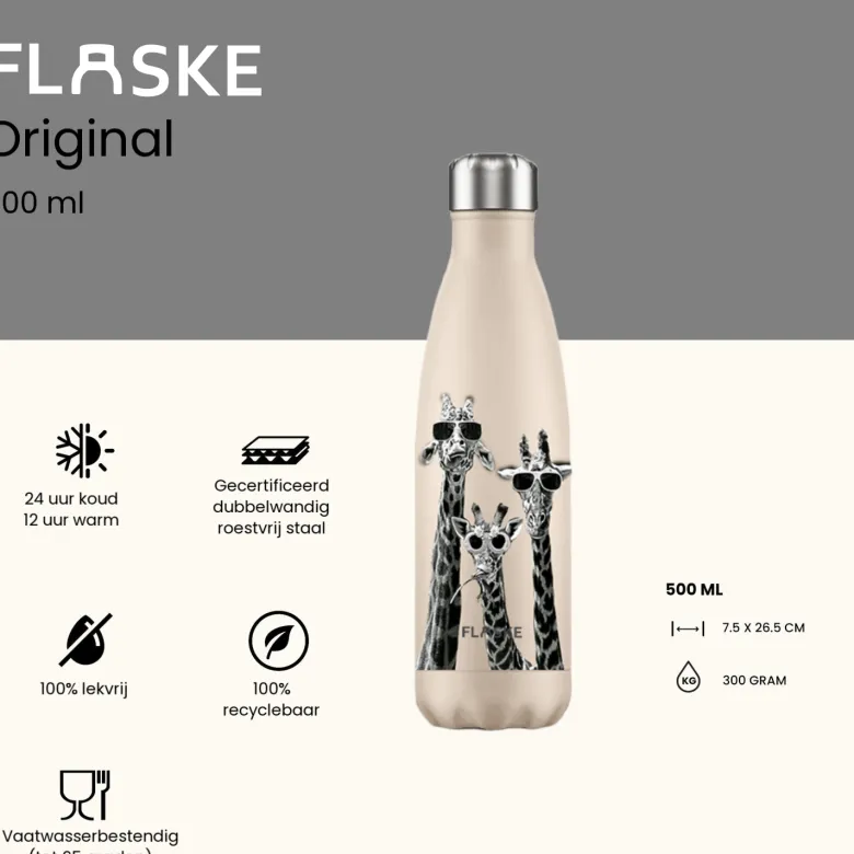 Flaske 500 ml rvs drinkfles - giraffe