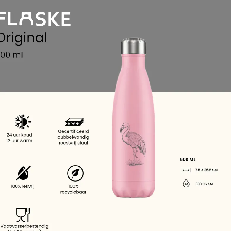 FLASKE 500 ml RVS Drinkfles - Standing Flamingo
