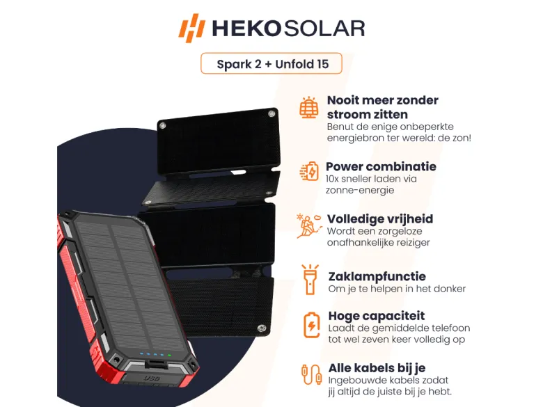 HEKO Solar Spark Powerbank met Unfold 15 Solar Panel