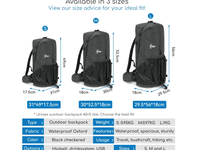 Hikr Size L Black Backpack - 40-45 liter