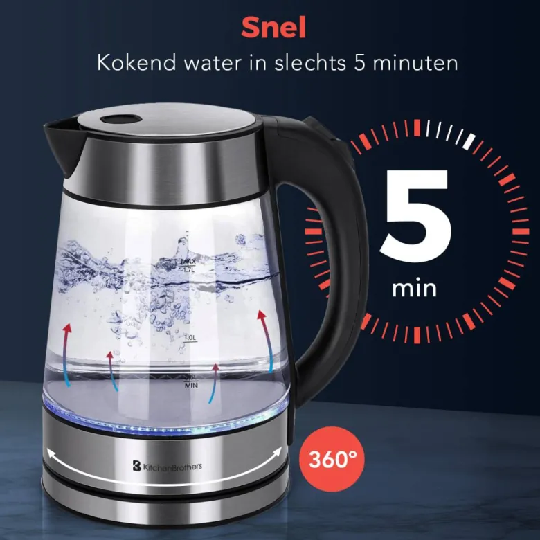KitchenBrothers Glazen Waterkoker 1.7L - RVS