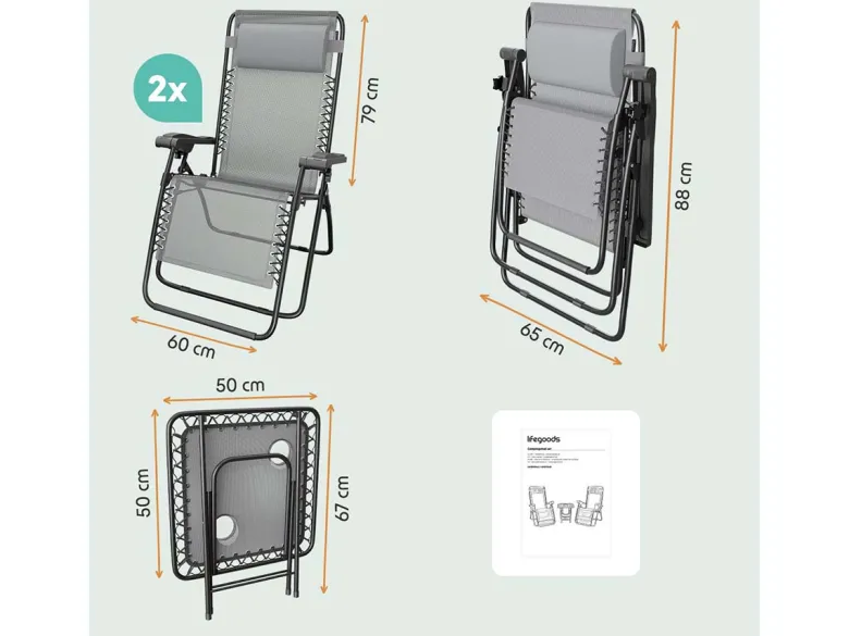 LifeGoods set van 2 relaxstoelen met tafel - Grey